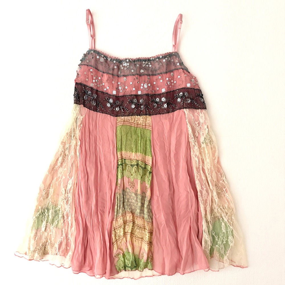 Vintage Sleeveless Patchwork Boho Sequin Beaded Top Size S Pink Multi